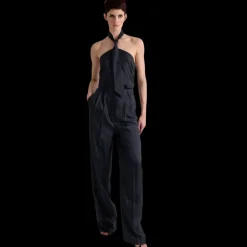 Top bustier BARBARA BUI twill soie bleu marine rayure tennis cravate