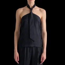 Top bustier BARBARA BUI twill soie bleu marine rayure tennis cravate