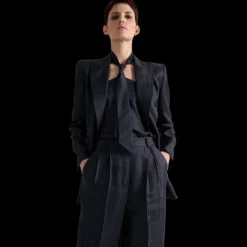 Top bustier BARBARA BUI twill soie bleu marine rayure tennis cravate