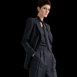 Top bustier BARBARA BUI twill soie bleu marine rayure tennis cravate