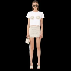 Top col rond MAGDA BUTRYM coton blanc crochet beige poitrine