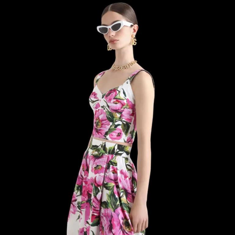 Top corset DOLCE & GABBANA popeline de coton imprimé pivoine rose