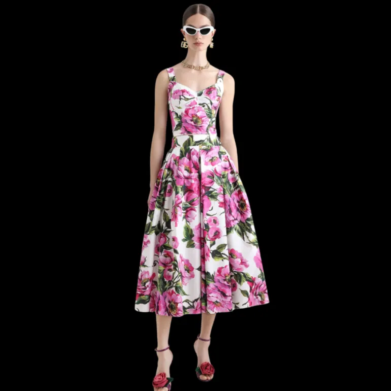 Top corset DOLCE & GABBANA popeline de coton imprimé pivoine rose