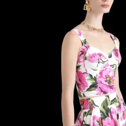 Top corset DOLCE & GABBANA popeline de coton imprimé pivoine rose
