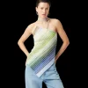 Top haut MISSONI asymétrique lien cou viscose lamé argent rayure vert bleu paillettes