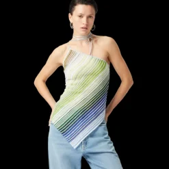 Top haut MISSONI asymétrique lien cou viscose lamé argent rayure vert bleu paillettes