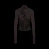 Top manches longues MAGDA BUTRYM col montant fleurs drapé marron foncé