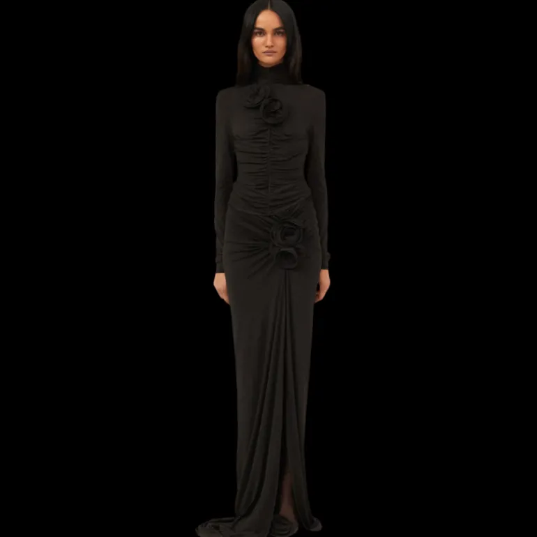 Top manches longues MAGDA BUTRYM col montant fleurs drapé marron foncé