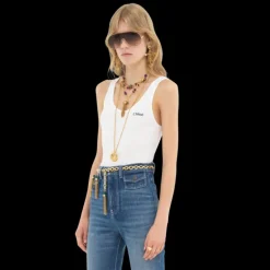 Top sans manches CHLOE jersey de coton côtelé blanc logo Chloé