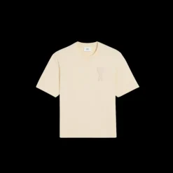 T-shirt AMI Paris col rond jersey de coton bio écru patch gros cœur maille