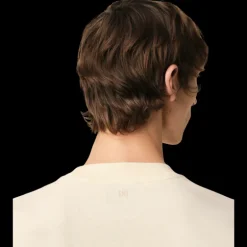 T-shirt AMI Paris col rond jersey de coton bio écru Patch ami maille bleu marine