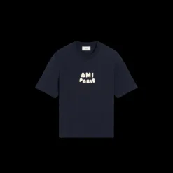 T-shirt AMI Paris ol rond jersey de coton bio bleu marine Patch AMI maille écru
