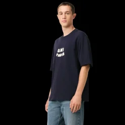 T-shirt AMI Paris ol rond jersey de coton bio bleu marine Patch AMI maille écru