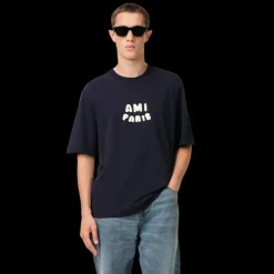 T-shirt AMI Paris ol rond jersey de coton bio bleu marine Patch AMI maille écru