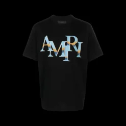 T-shirt AMIRI col rond Décalé Chrome coton noir logo bleu ciel dégradé