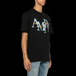 T-shirt AMIRI col rond Décalé Chrome coton noir logo bleu ciel dégradé