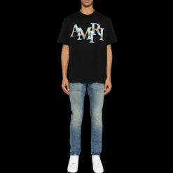 T-shirt AMIRI col rond Décalé Chrome coton noir logo bleu ciel dégradé