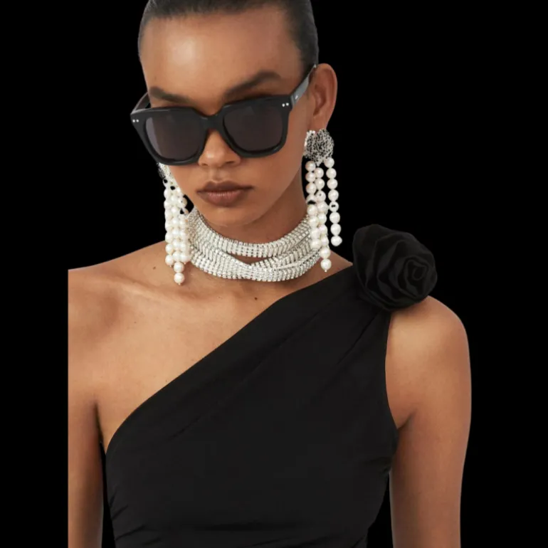 T-shirt asymétrique MAGDA BUTRYM lycra noir fleurs épaule