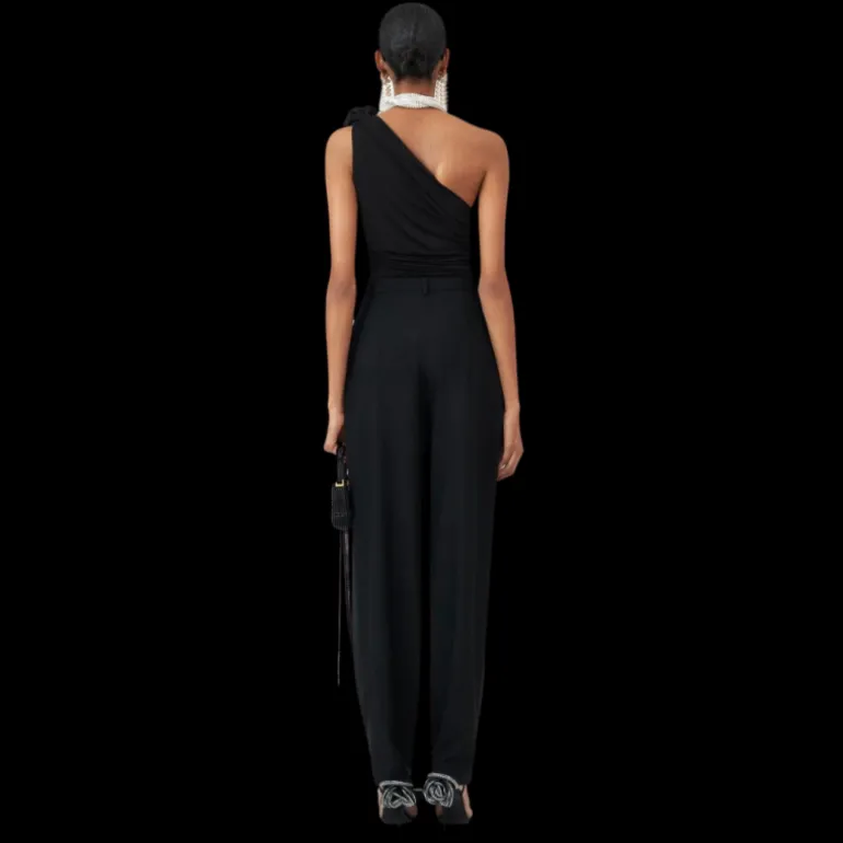 T-shirt asymétrique MAGDA BUTRYM lycra noir fleurs épaule