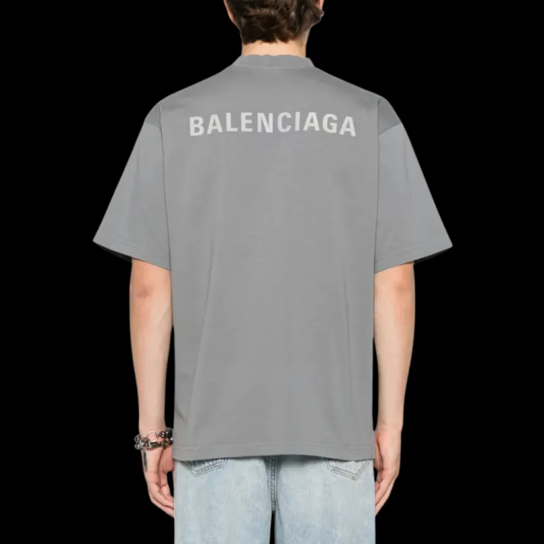 t-shirt BALENCIAGA col rond coton gris foncé logo réfléchissant