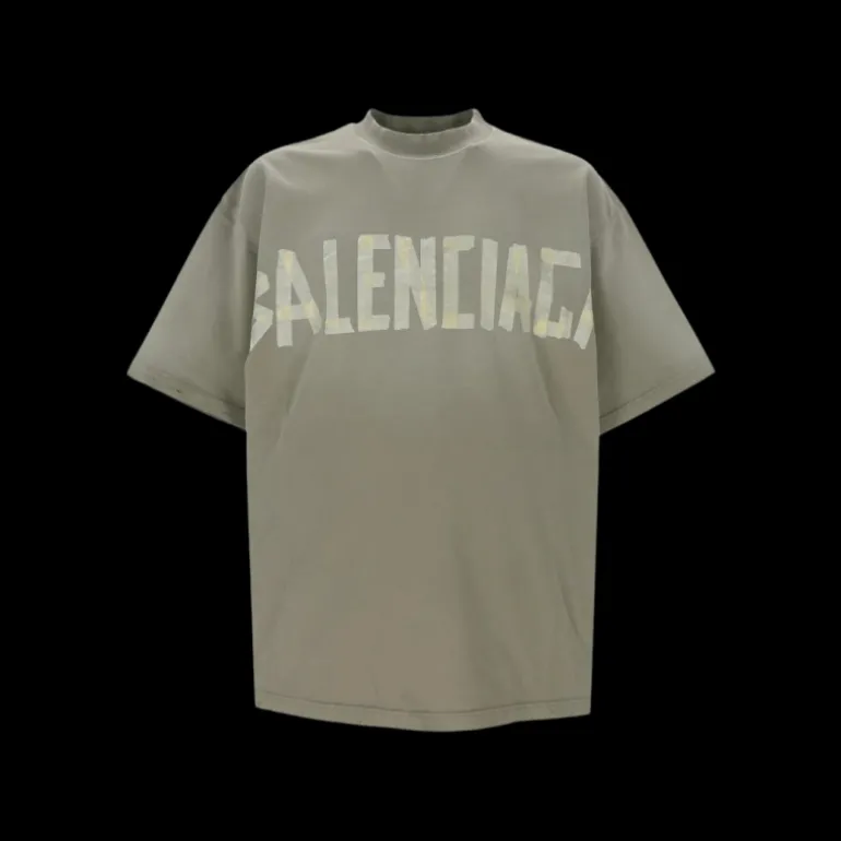 T-shirt BALENCIAGA col rond coton kaki clair logo scotch jaune