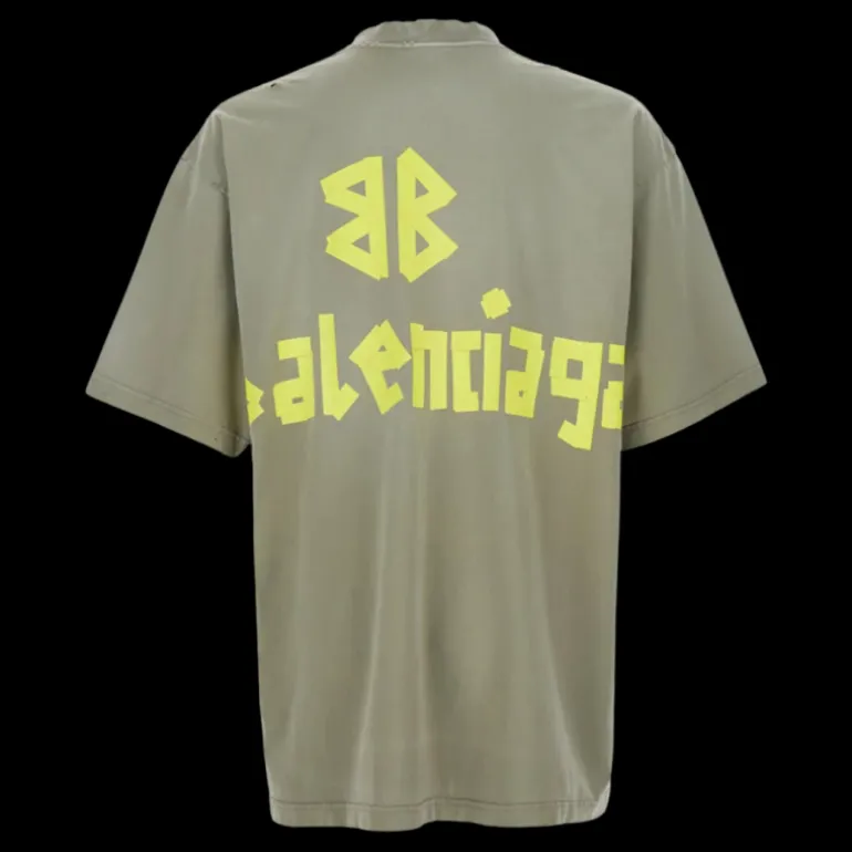 T-shirt BALENCIAGA col rond coton kaki clair logo scotch jaune