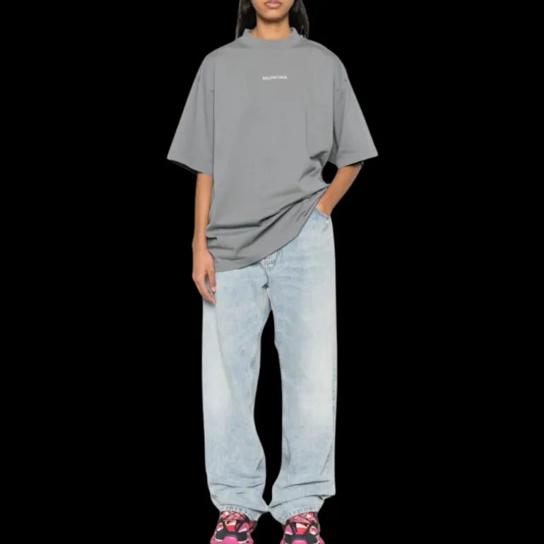 t-shirt BALENCIAGA col rond coton gris foncé logo réfléchissant