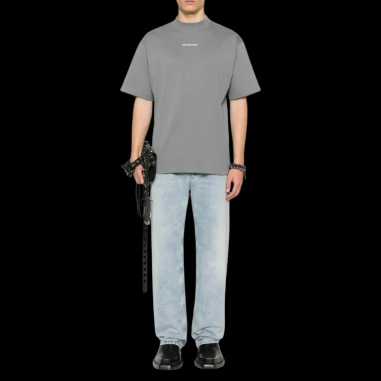 t-shirt BALENCIAGA col rond coton gris foncé logo réfléchissant