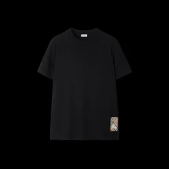 T-shirt BURBERRY col rond coton noir patch étiquette check beige