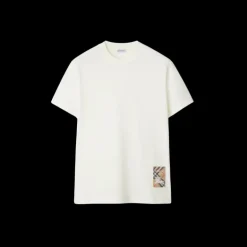 T-shirt BURBERRY col rond coton écru patch étiquette check beige