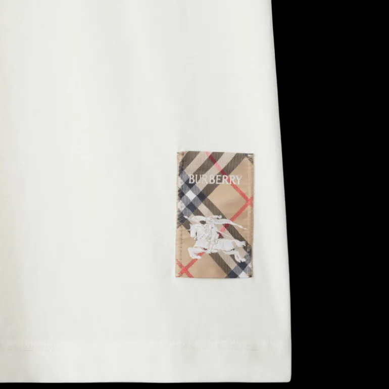 T-shirt BURBERRY col rond coton écru patch étiquette check beige