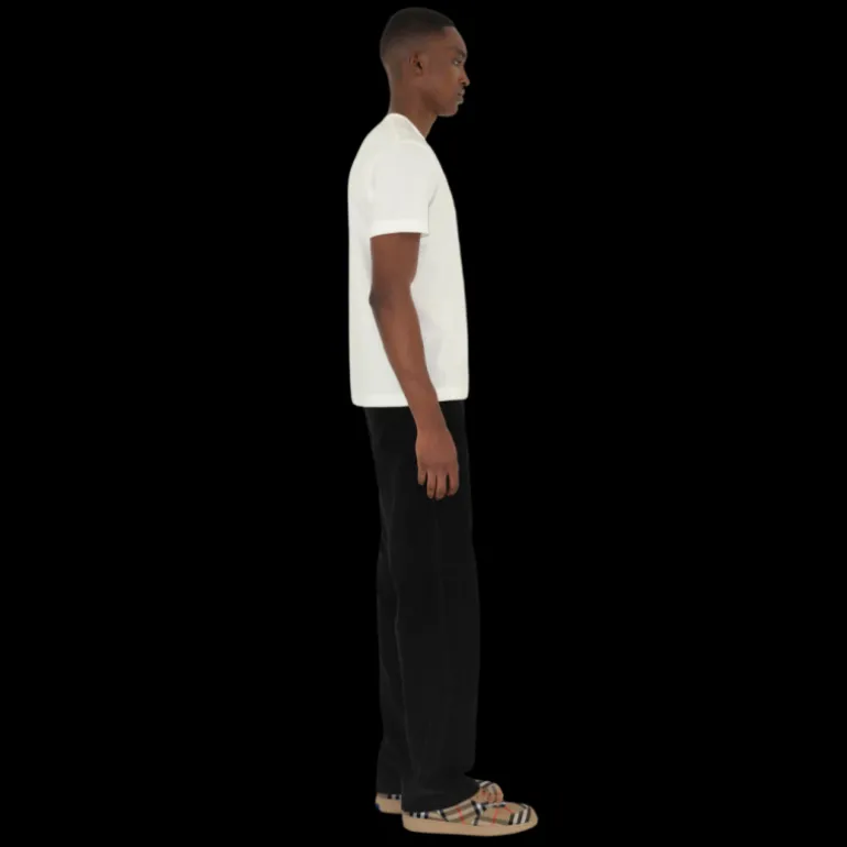 T-shirt BURBERRY col rond coton écru patch étiquette check beige