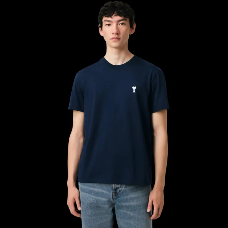 T-shirt col rond AMI Paris jersey coton bio bleu marine cœur blanc