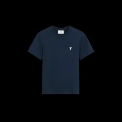 T-shirt col rond AMI Paris jersey coton bio bleu marine cœur blanc