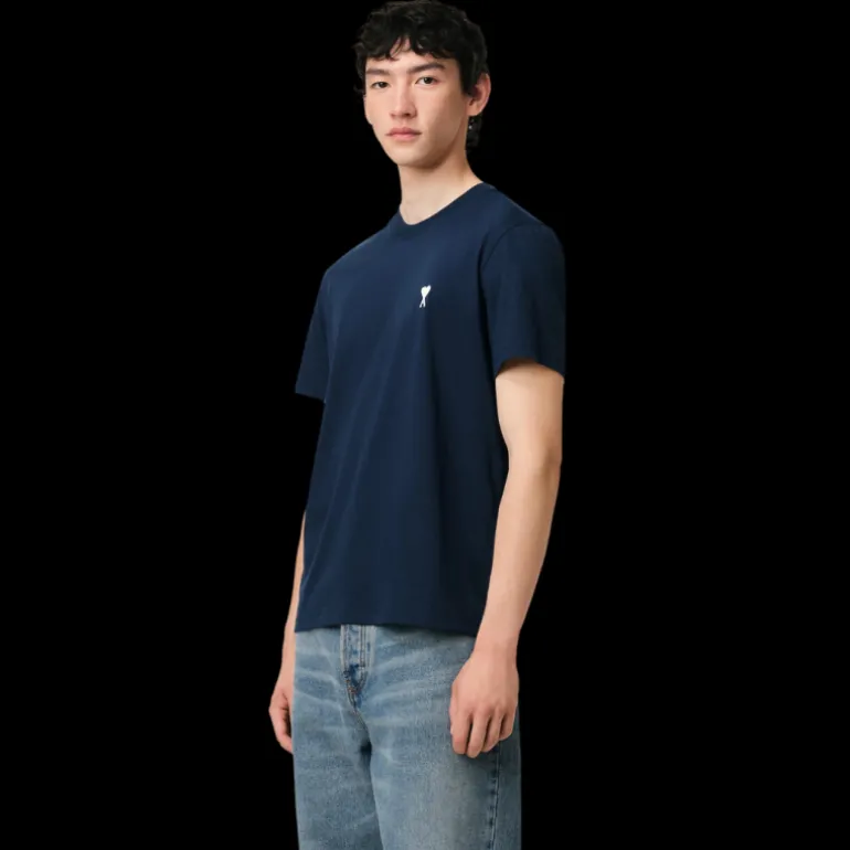 T-shirt col rond AMI Paris jersey coton bio bleu marine cœur blanc