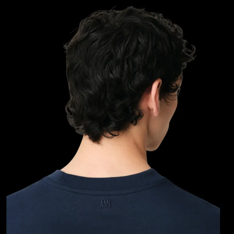 T-shirt col rond AMI Paris jersey coton bio bleu marine cœur blanc