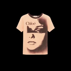 T-shirt col rond CHLOE ajusté piqué jersey coton orange imprimé portrait
