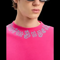 T-shirt col rond coton rose fuchsia logo col