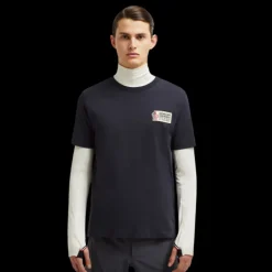 T-shirt col rond MONCLER jersey coton bleu marine logo étiquette Grenoble