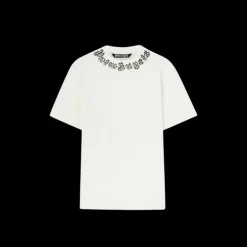 T-shirt col rond PALM ANGELS coton blanc logo flamme col noir