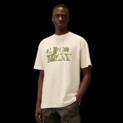 T-shirt CP COMPANY col rond jersey coton blanc cassé logo flou vert