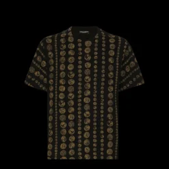 T-shirt DOLCE & GABBANA col rond coton noir imprimé pièces monnaie Or