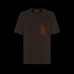 T-shirt DOLCE & GABBANA manche courte Palermo coton marron poche poitrine cuir