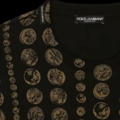 T-shirt DOLCE & GABBANA col rond coton noir imprimé pièces monnaie Or