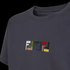 T-shirt FENDI col rond coton gris foncé broderie triple FF multicolore