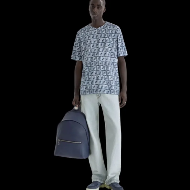 T-shirt FENDI oversize coton bleu imprimé FF blanc effrangé