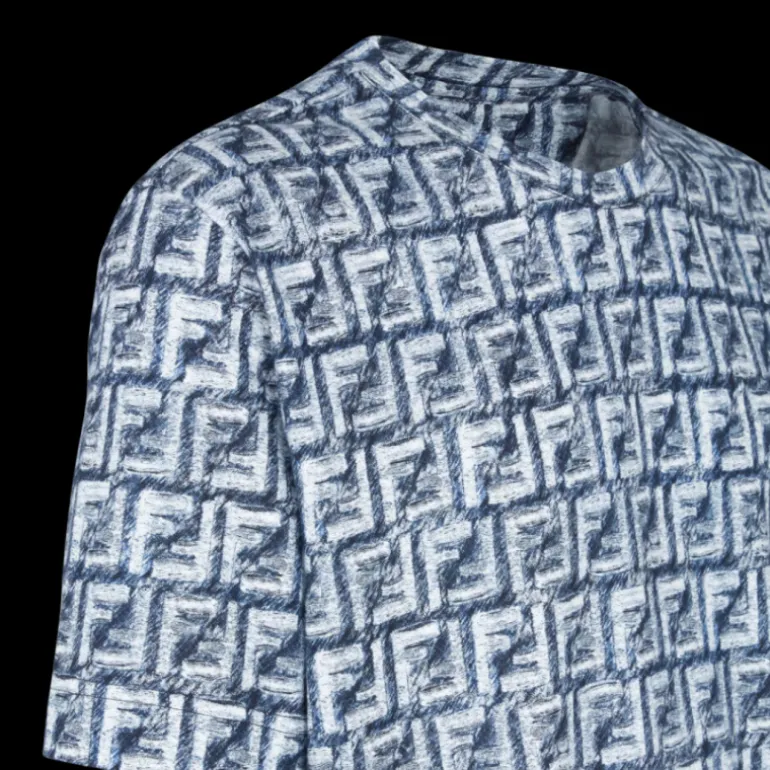 T-shirt FENDI oversize coton bleu imprimé FF blanc effrangé