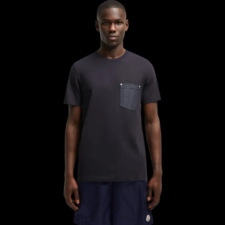 T-Shirt MONCLER col rond coton bleu marine poche denim