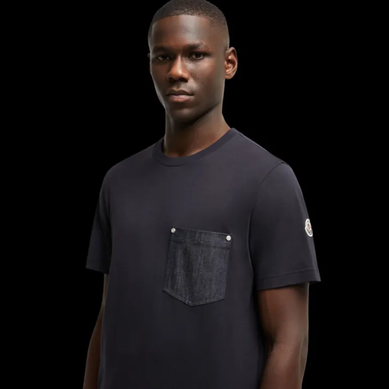 T-Shirt MONCLER col rond coton bleu marine poche denim
