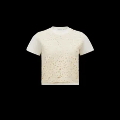 T-shirt MONCLER col rond coton écru motif floral macramé avant